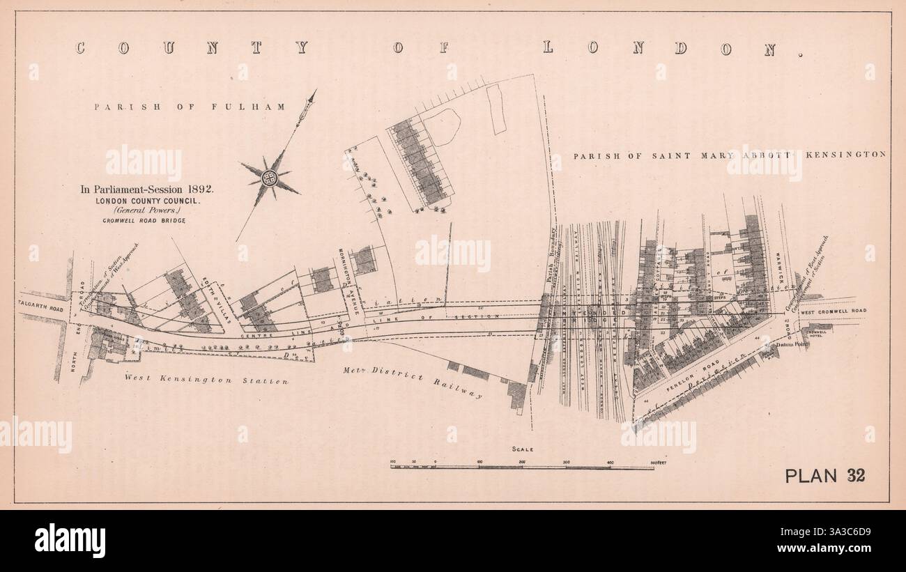 1892 West Cromwell Road Bridge Entwicklung. West Kensington Talgarth Rd 1898 Karte Stockfoto