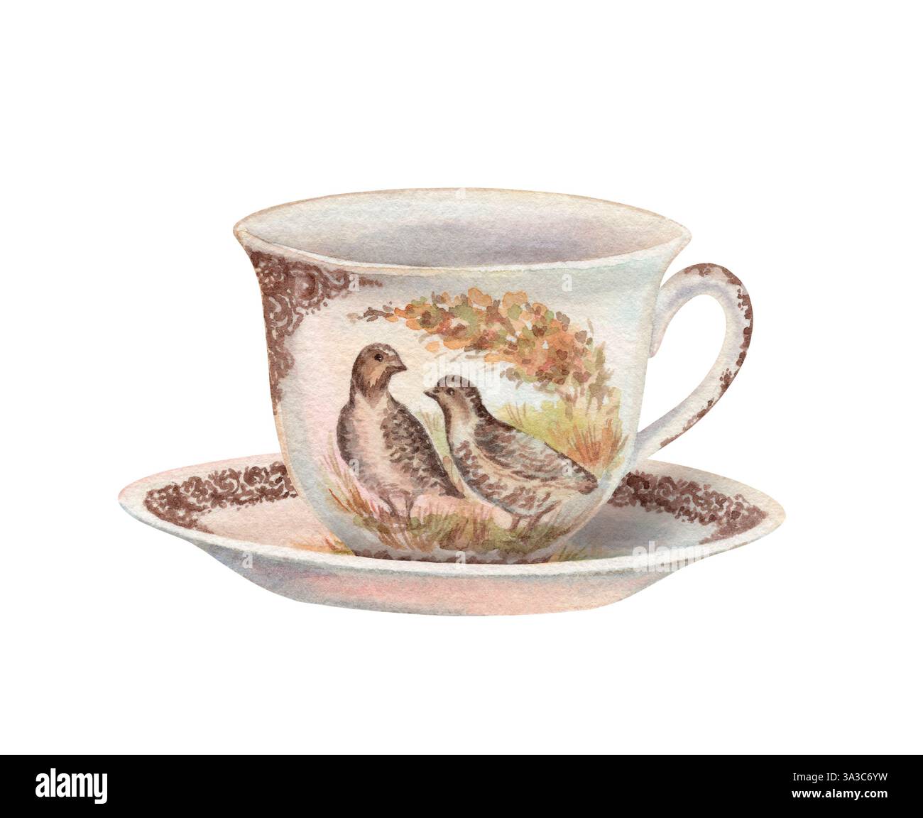 Porzellanbecher mit Tellergeschirr im Vintage-Stil. Festliches Geschirr mit Fasan-Vogel-Motiv. Handgezeichnete Servierdarstellung. Ideal für Stockfoto