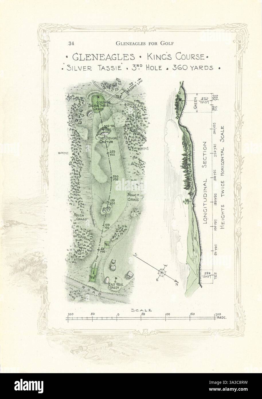 Gleneagles King's Course - Plan der alten Karte des 3. Lochs „Silver Tassie“ aus dem Jahr 1921 Stockfoto