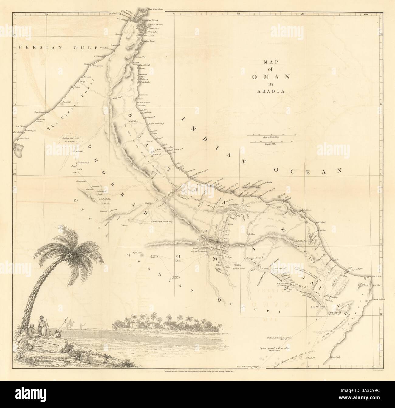 Eine Karte von Oman in Arabien, um die Reise von James Wellsted zu illustrieren. RGS 1837 Stockfoto