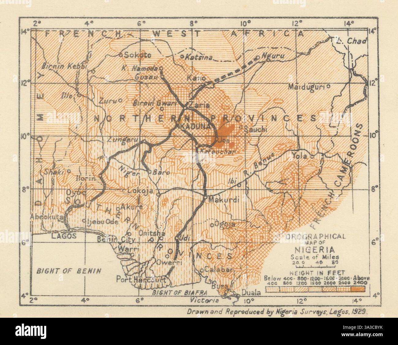 Orographische Karte von Nigeria 1929 alte Vintage-Plan-Karte Stockfoto