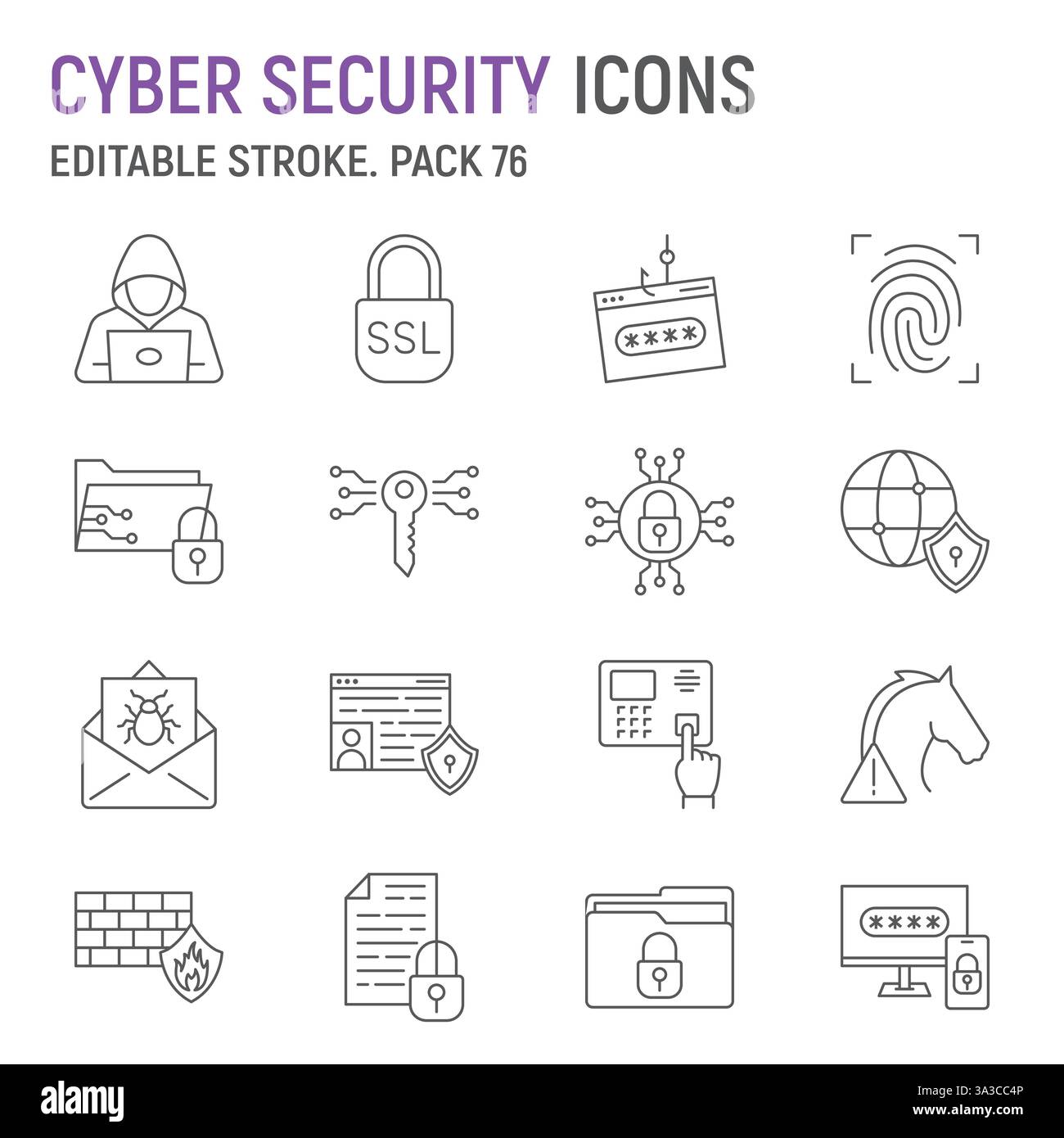 Cyber Security Line Symbolsatz, Netzwerksicherheitssammlung, Vektorgrafiken, Logoabbildungen, Online-Datenschutzvektorsymbole, Cyber-Schutz, Gliederung Stock Vektor