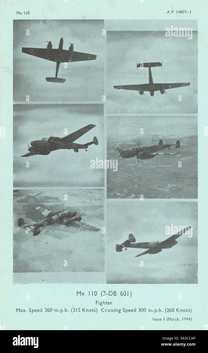 Messerschmitt Me 110 Jagdbomber. Flugzeugerkennungsfotos 1944 gedruckt Stockfoto