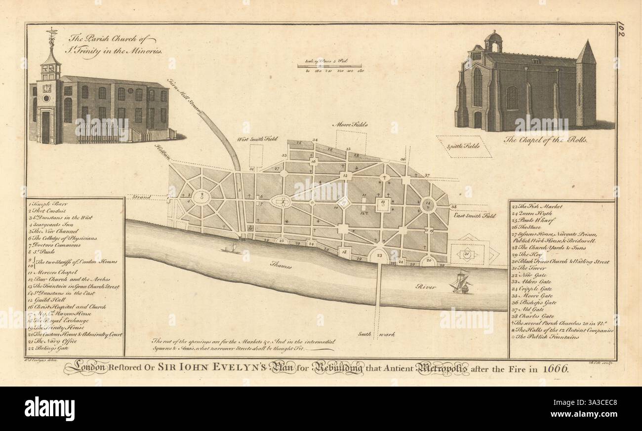 London. John Evelyns Plan für den Wiederaufbau nach dem Brand von 1666. COLE 1760 MAP Stockfoto