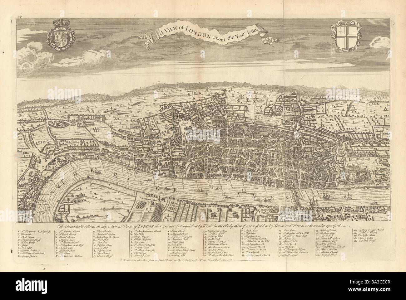 Ein Blick auf London um das Jahr 1560. Vogelperspektive des elisabethanischen London 1760 Stockfoto