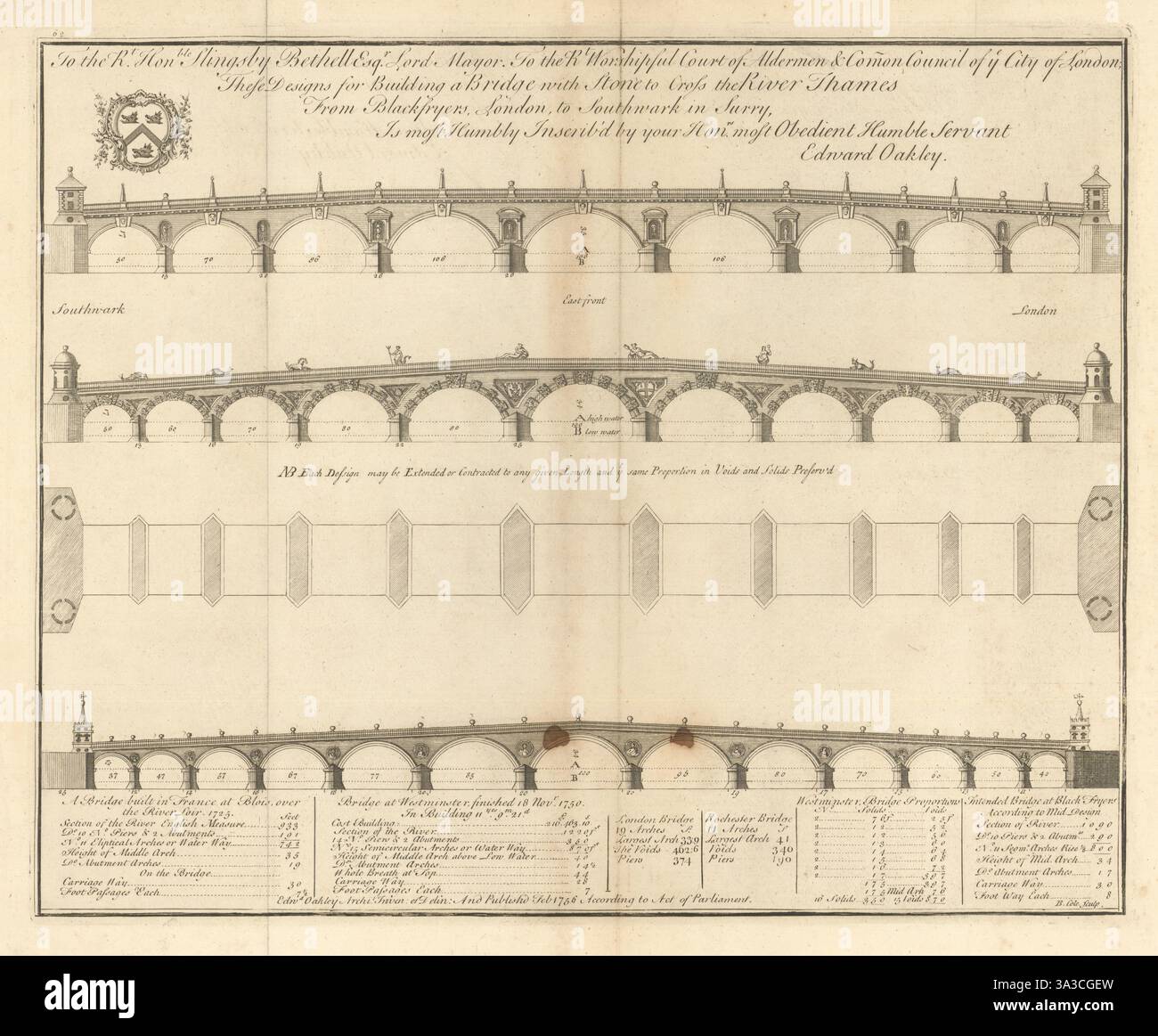 Entwurf für Blackfriars Bridge von Edward Oakley. Blackfryers 1760 alter Druck Stockfoto
