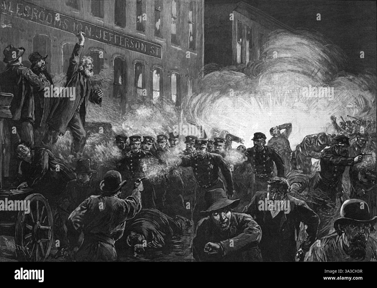 Der Haymarket Riot (auch bekannt als Haymarket Affair) fand am 4. Mai 1886 in Chicago (Illinois) statt und ist eines der bedeutendsten Ereignisse in der Geschichte der Arbeiterbewegung in den Vereinigten Staaten. - Arbeiterbewegung und Streiks: Stockfoto