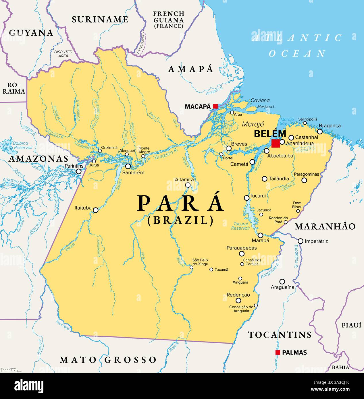 Para, ein Staat in Brasilien, politische Karte, mit der Hauptstadt Belem. Der Amazonasfluss grenzt an Guyana, Suriname und andere brasilianische bundesstaaten. Stockfoto