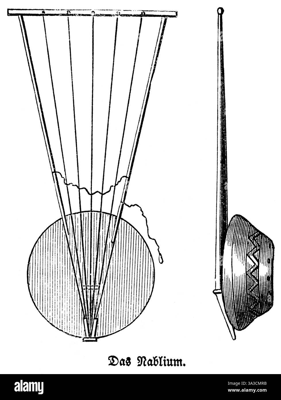 Oben- und Seitenansicht des Saiteninstruments Nablium oder Nabla, V-Form als mathematisches Symbol, Streicher in einem Dreieck, Klangbecken mit abstraktem Orn Stockfoto
