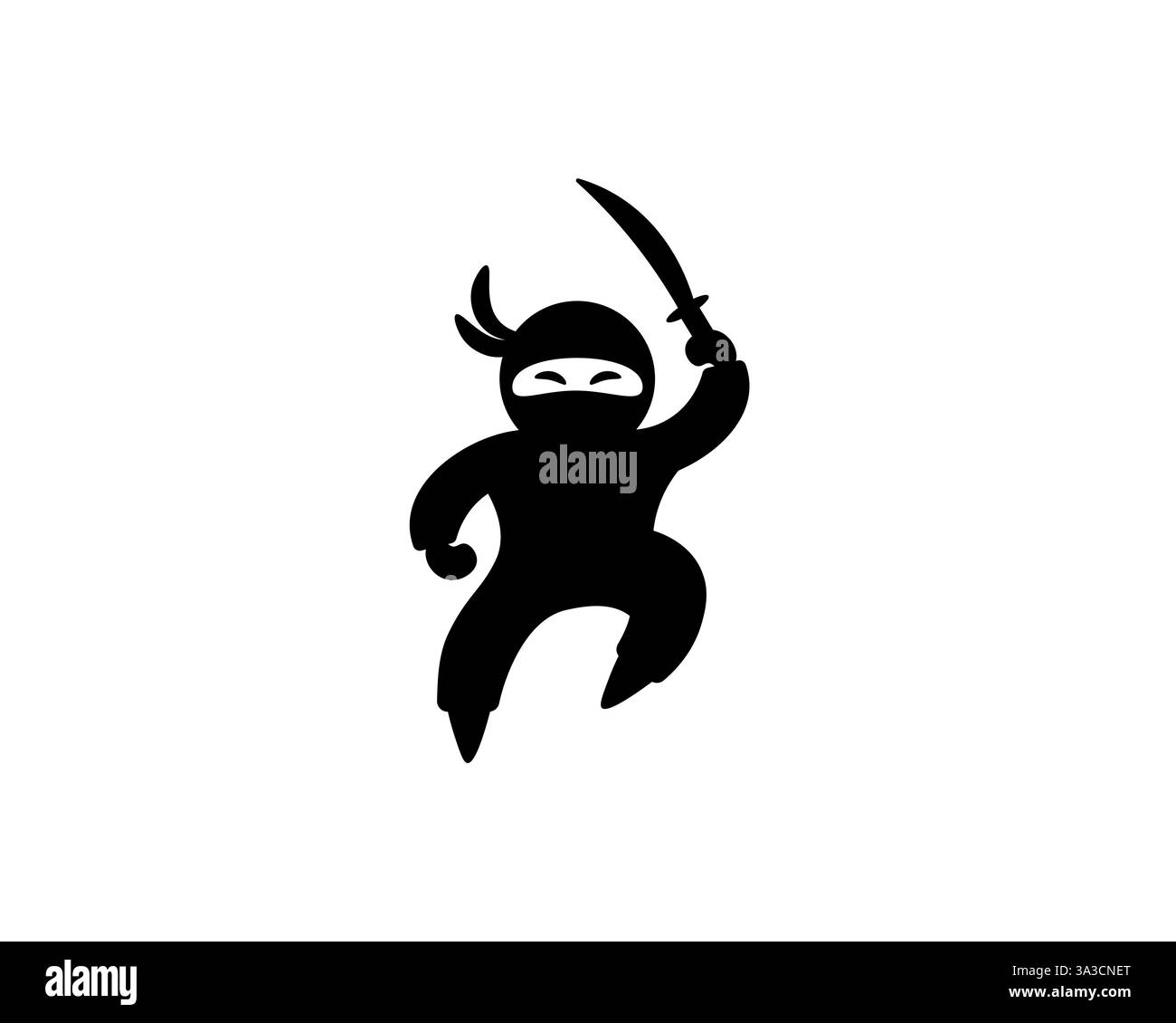 Einfache schwarze Silhouette eines Ninja mit Schwert in verspielter Bewegung auf weißem Hintergrund Stock Vektor