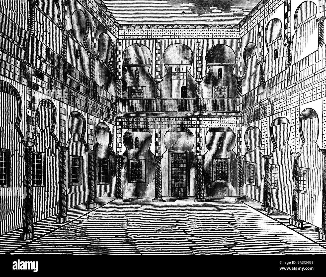 Zweistöckiges Haus, offener Innenhof für Festlichkeiten, Galerie im ersten Stock, Fenster zum Innenhof, Türen, Säulen, Architektur, Ornamente Stockfoto