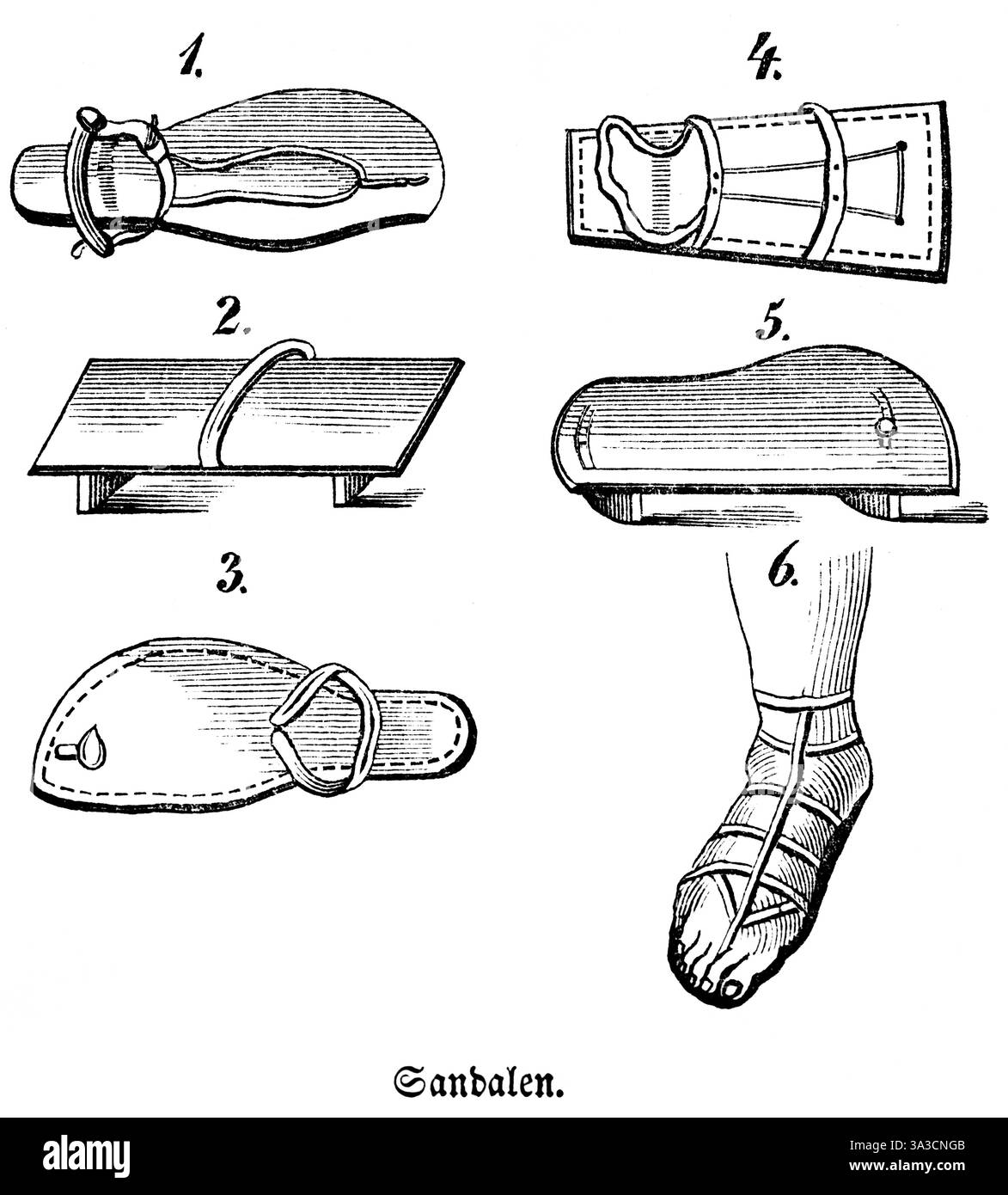 Verschiedene Sandalen aus Holz, Kork oder Leder, Edelmänner tragen Sandalen mit Heels (2 und 5), später Leder bedeckte den ganzen Fuß (4), Entwicklung von Th Stockfoto