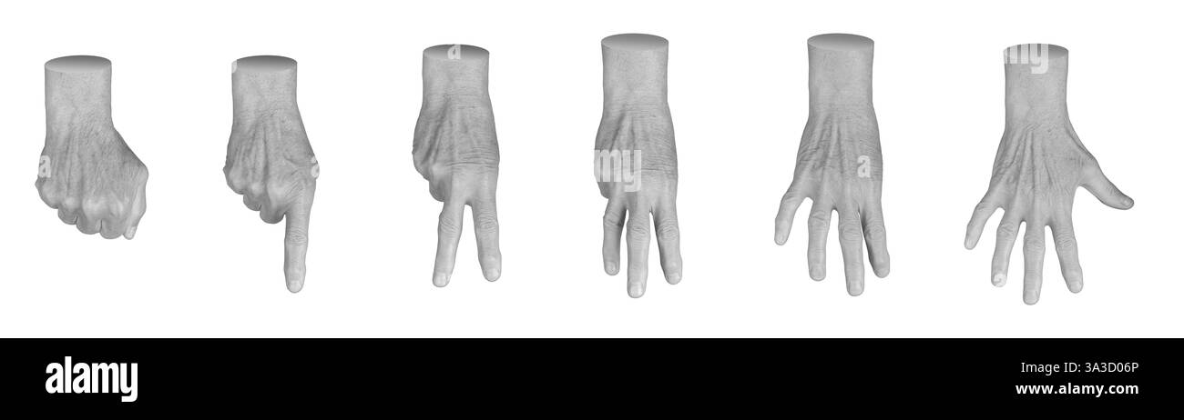 Die Hand einer älteren Frau zählt von 1 bis 5 mit geöffneten Fingern. Gereifte, faltige Haut mit sichtbarer Textur, Adern und Knöcheln in detaillierter, ausdrucksstarker Optik Stockfoto