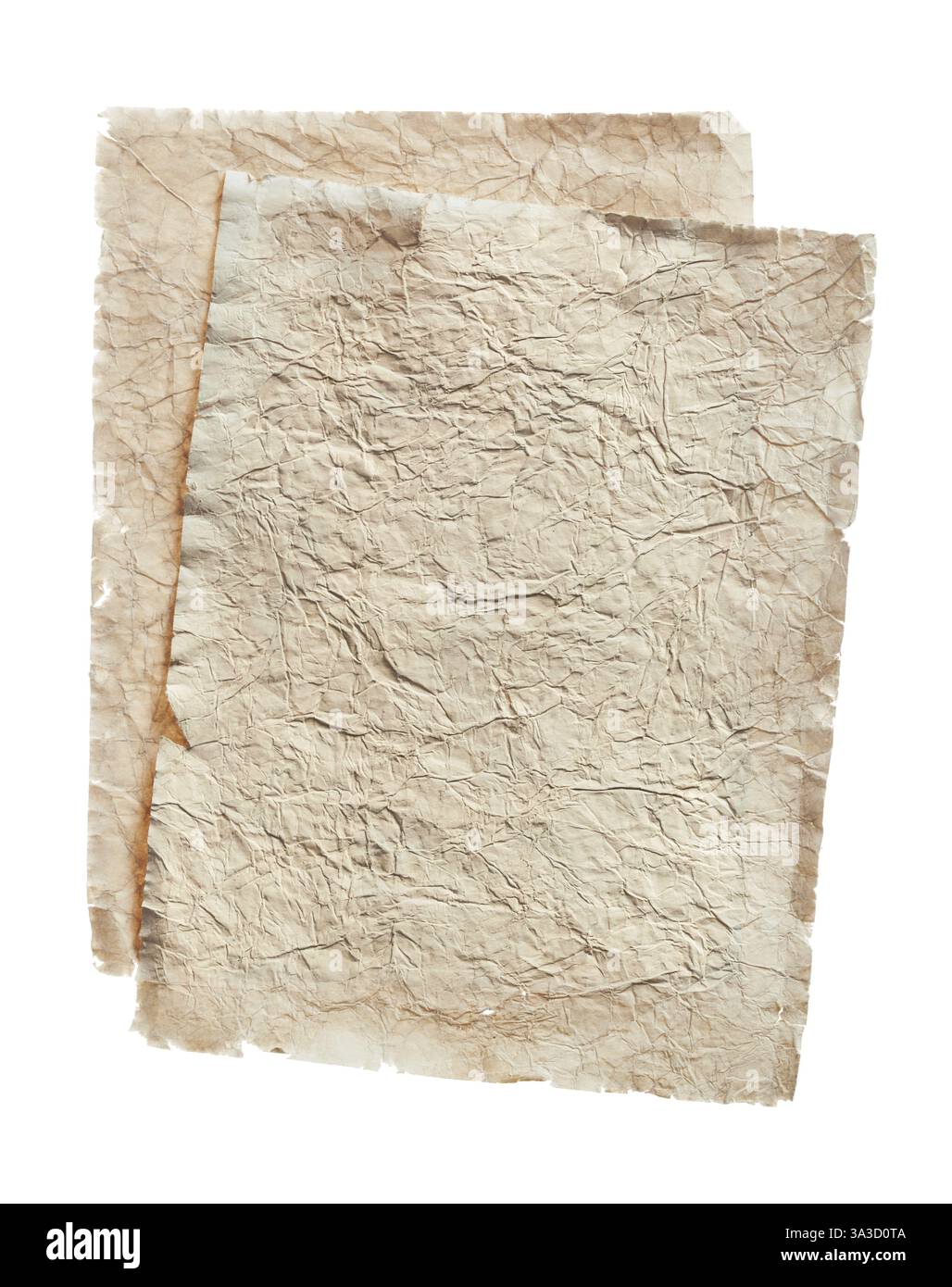 Vintage zerknittertes leeres Papier isoliert auf weiß Stockfoto