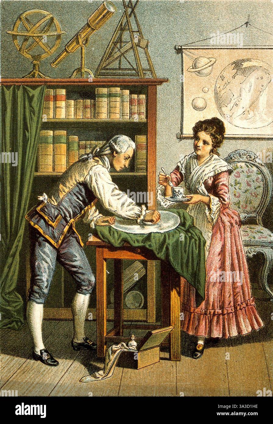 Ein Porträt der deutschen Bord-Astronomin Caroline Herschel. Sie war die jüngere Schwester von William Herschel, mit dem sie fast ihr ganzes Leben lang zusammenarbeitete. Sie waren an der Herstellung von Teleskopen beteiligt und Herschels Teleskope waren so gut gebaut, dass sie bedeuteten, dass früher bekannte „Nebulous Objects“ tatsächlich Sternhaufen waren. Hier wird sie mit William gezeigt, der einen Hauptspiegel des Teleskops poliert. Stockfoto