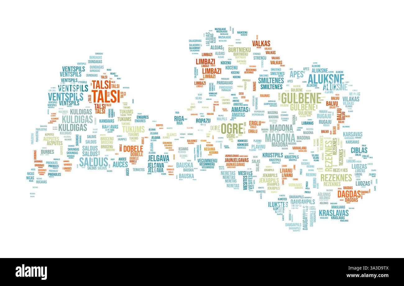 Lettland Word Cloud. Länderform mit Gebietseinteilung. Lettland Typografie-Stil Bild. Bereichsnamen kennzeichnen Wolken. Vektorabbildung. Stock Vektor