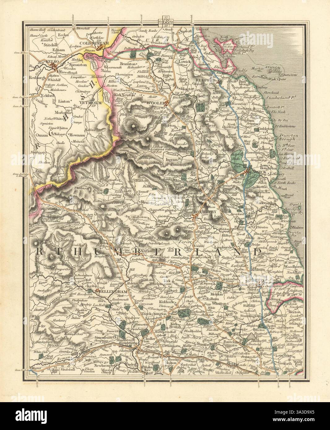 NORTHUMBERLAND. Coldstream Kelso Alnwick Morpeth Bellingham. CARY 1824-Karte Stockfoto