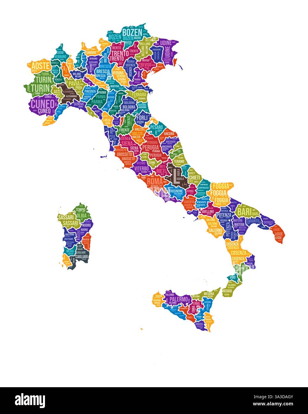 Italienische Form. Country Wortwolke mit Bereichsbereich. Farbige Abbildung in Italien. Bereichsnamen Cloud. Vektorabbildung. Stock Vektor