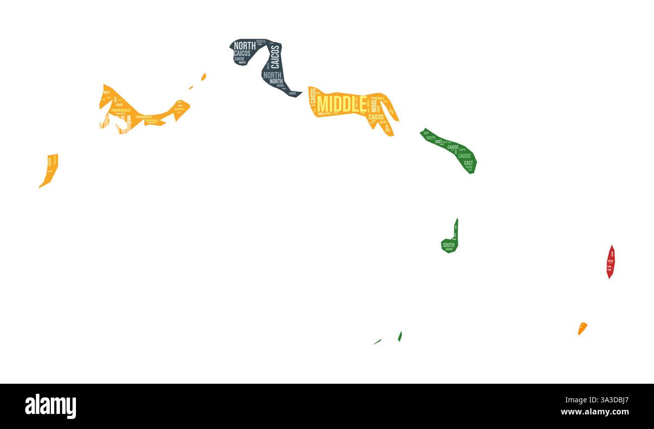 Turks- und Caicosinseln Formen sich. Country Wortwolke mit Bereichsbereich. Farbige Illustration der Turks- und Caicosinseln. Bereichsnamen Cloud. Stock Vektor