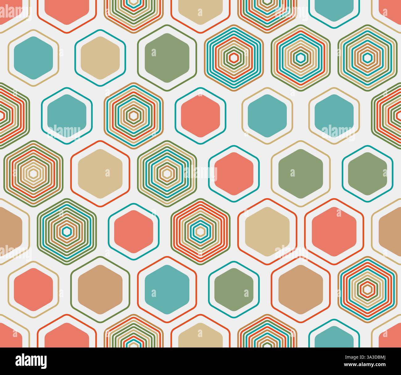 Gekachelter sechseckiger Hintergrund. Geometrische Elemente in unterschiedlichem Stil und Farbe. Große Sechskantformen. Tileable-Muster. Nahtloser Hintergrund. Stock Vektor