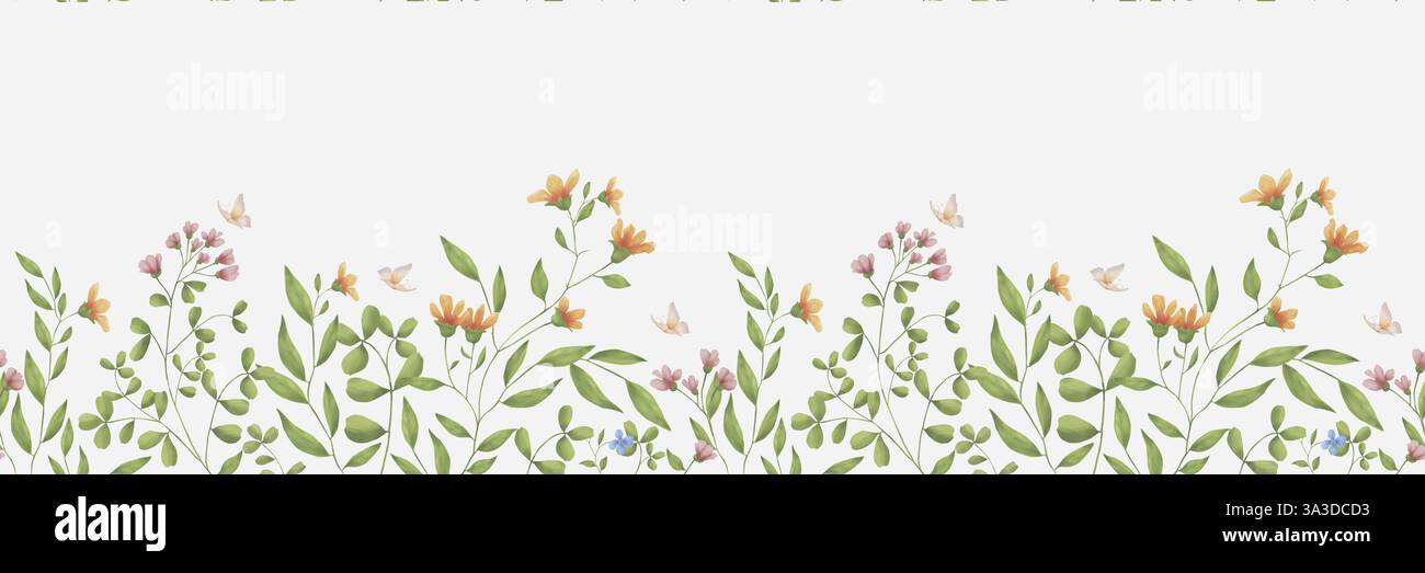 Wiesenblumen und -Blätter an horizontaler Grenze. Digitale Illustration mit Aquarell. Helle Wildblumen wachsen auf nahtlosem Muster, isoliert auf Hintergrund. Stockfoto