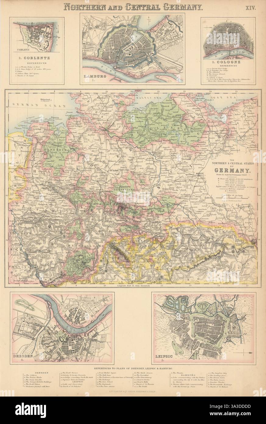Nord- und Mitteldeutschland. Hamburg Koblenz Köln Dresden Leipzig C1863 Karte Stockfoto