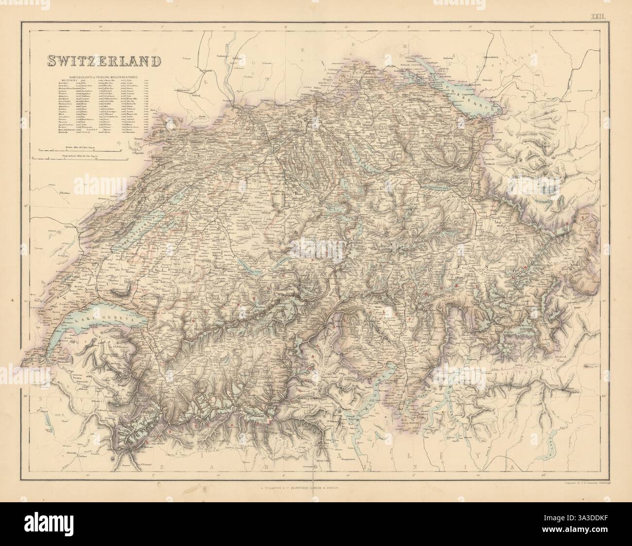 Schweiz mit Tabelle der höchsten Alpengipfel und Pässe. FULLARTON c1863 Karte Stockfoto