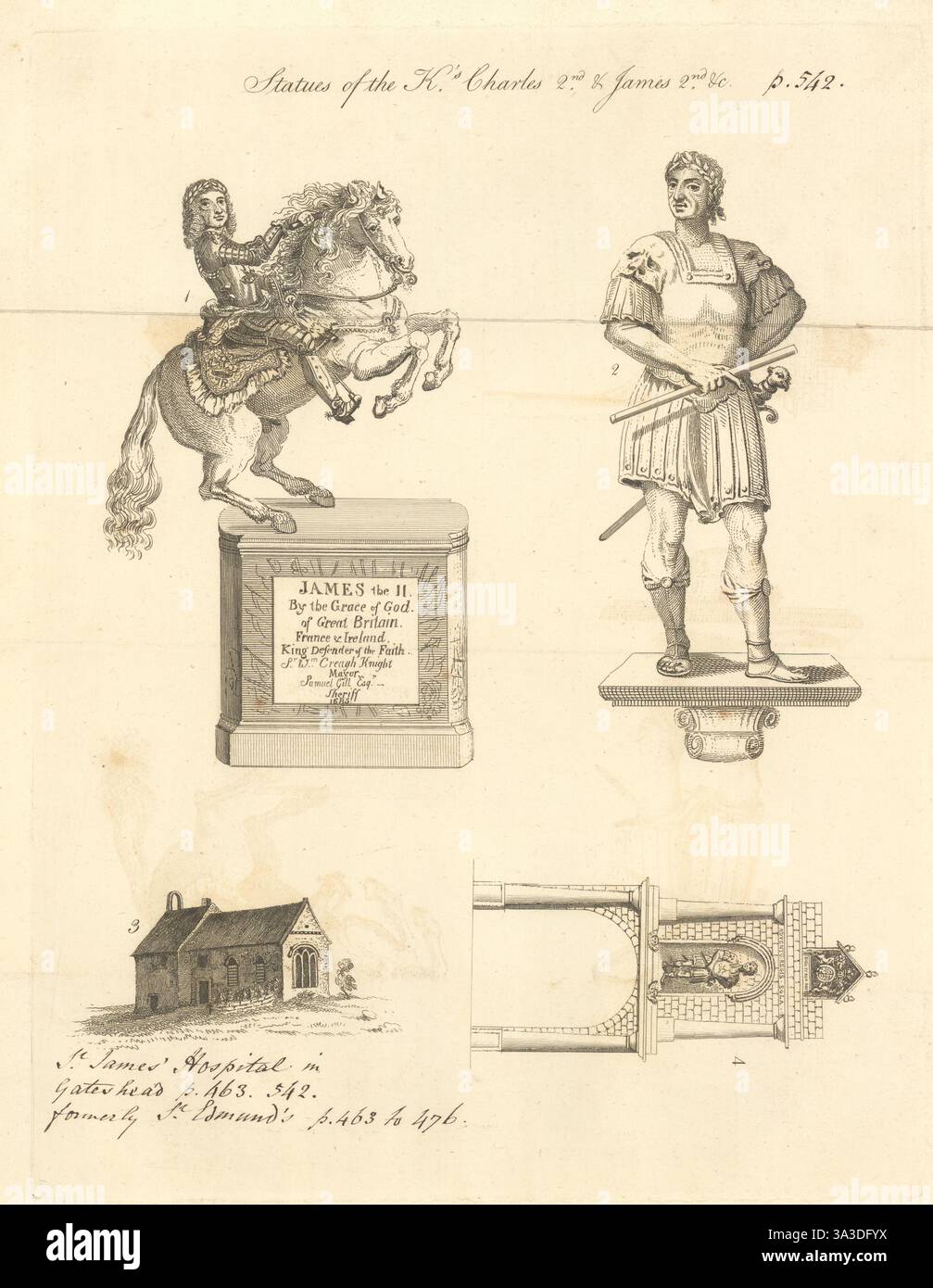 Newcastle upon Tyne. Statuen von König Karl II. Und Jakob II. 1789 alte antike Drucke Stockfoto