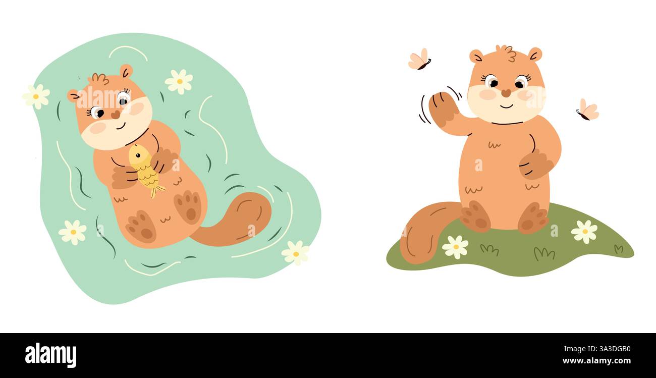 Niedliche Otter-Set mit niedlichen Otter-Illustrationen Stock Vektor