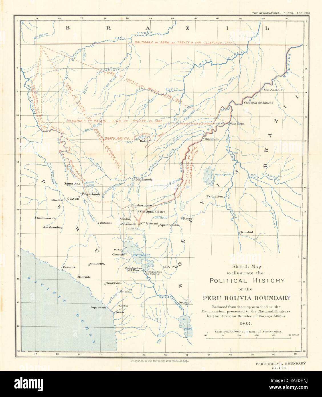 Politische Geschichte der Grenze Peru-Bolivien. RGS/Spalte T.H. Holdich 1916 Karte Stockfoto
