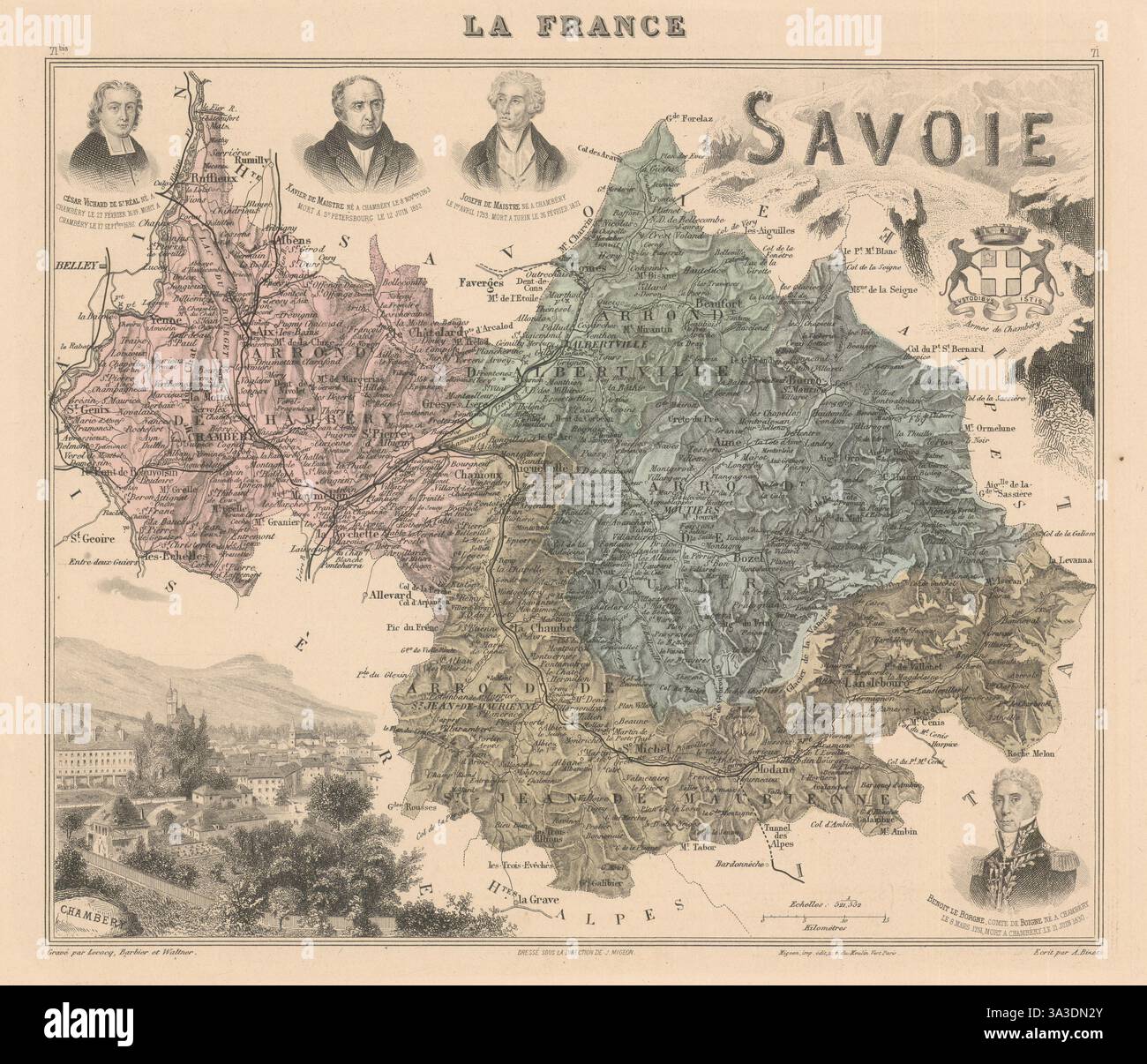 Departement Savoie. Vignette Chambéry. Vuillemin 1890 alte antike Karte Stockfoto