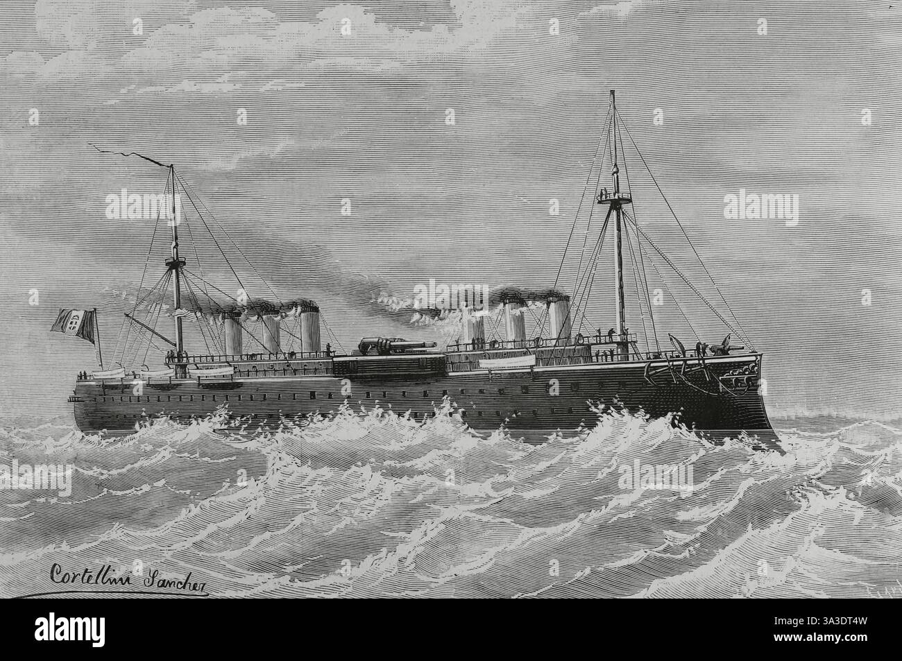 Regia Marina (Royal Italian Navy). „Lepanto“. Ein eisernes Schlachtschiff, das für die italienische Regia Marina gebaut wurde, das zweite und letzte Schiff der Italia-Klasse. Sie wurde von Benedetto Brin (1833–1898) entworfen und auf der „Cantiere Navale fratelli Orlando“ (Orlando Brothers Shipyard) in Livorno (Italien) gebaut. Lepanto war fast elf Jahre im Bau. Der Bau des Gebäudes wurde am 4. November 1876 niedergelegt, aber der Bau dauerte noch fast sechseinhalb Jahre, und der Start erfolgte am 17. März 1883, zweieinhalb Jahre nach dem Zwillingswerk „Italia“. Lepanto wurde erst viereinhalb Jahre fertiggestellt Stockfoto