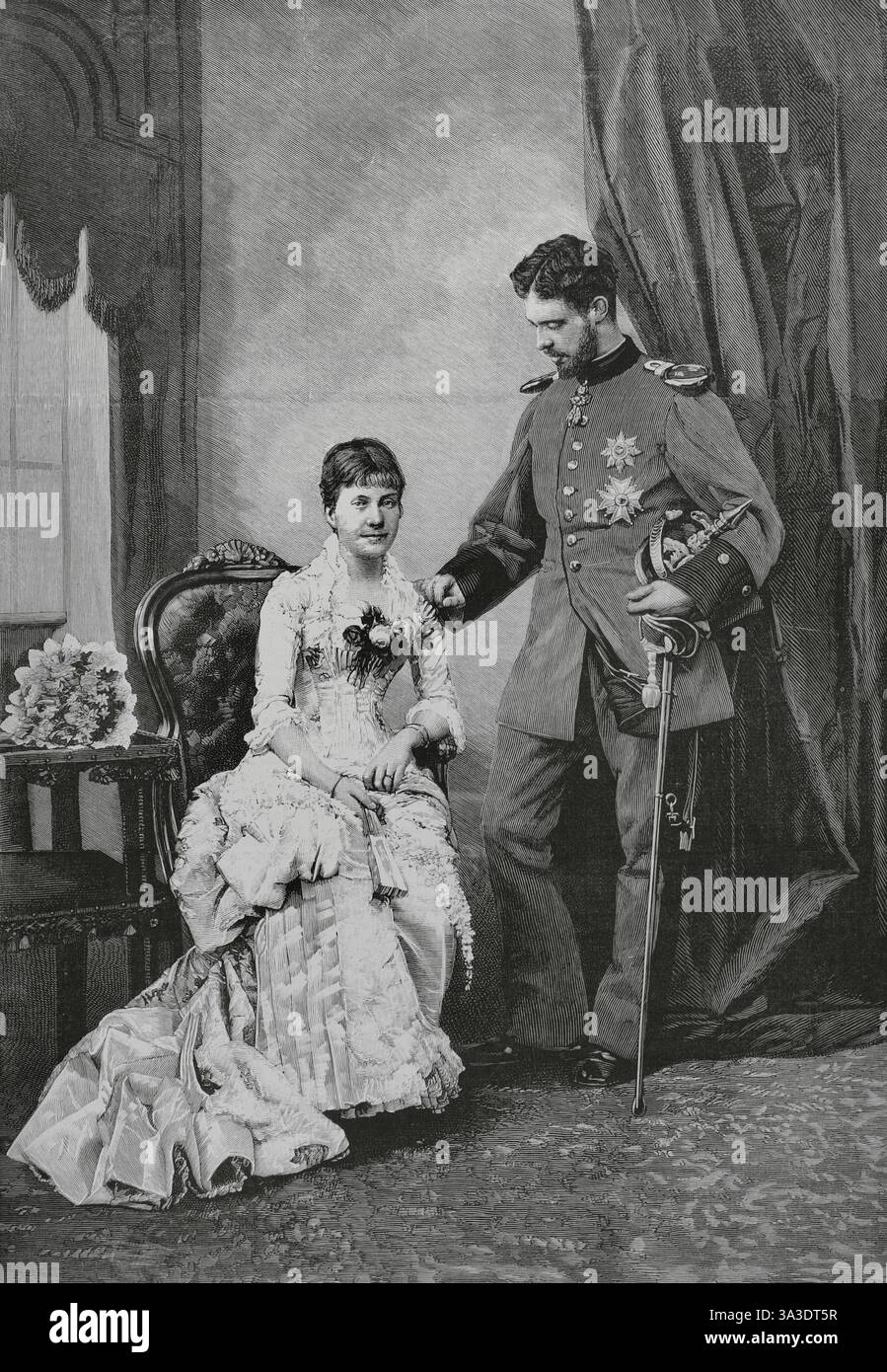 Infanta María de la Paz von Spanien (María de la Paz de Borbón) (1862-1946). Infantin von Spanien. Prinzessin von Bayern durch ihre Heirat am 2. April 1883 mit ihrem Cousin Prinz Ludwig Ferdinand von Bayern (1859–1949). Infantin Maria de la Paz und ihr zukünftiger Ehemann, der Prinz von Bayern. Stich von Arturo Carretero (1852-1903). La Ilustración Española y Americana (die spanische und amerikanische Illustration), 22. Februar 1883. Stockfoto