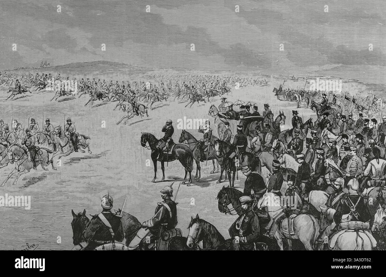 Madrid, Spanien. Kavallerie-Manöver auf den Feldern von Carabanchel. Am 31. Januar 1883 beendeten die militärischen Übungen zu Ehren von Prinz Ludwig Ferdinand von Bayern, Verlobter der Infanta María de la Paz von Spanien. Eine Kavallerie-Division parierte in Ehrensolonne und Galopp vor König Alfonso XII., dem bayerischen Fürsten und dem infanten Don Antonio. Zeichnung von Juan Comba. Stich von Tomás Carlos Capuz (1834-1899). La Ilustración Española y Americana (die spanische und amerikanische Illustration), 8. Februar 1883. Stockfoto