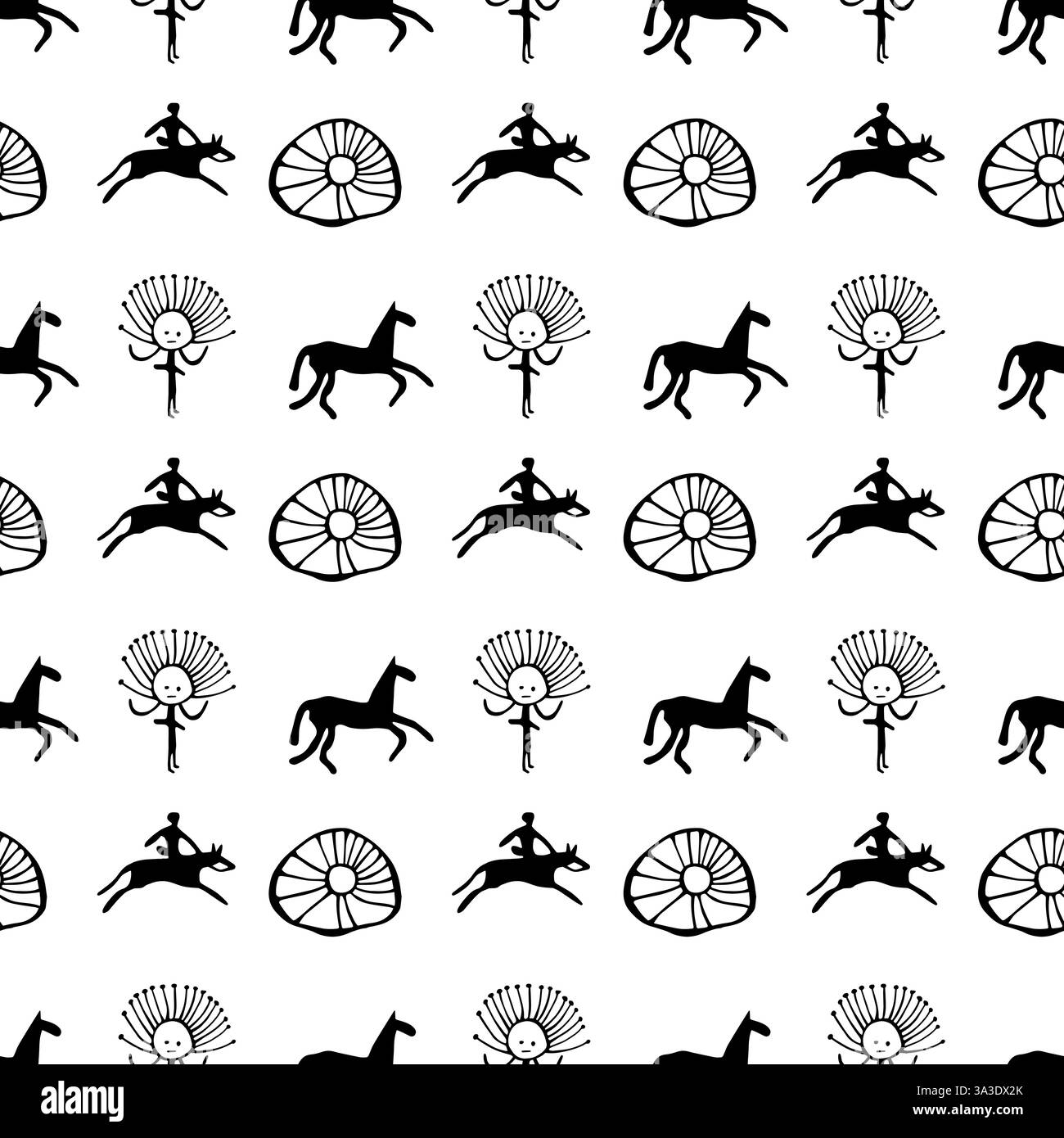 Nahtloses Muster mit kirgisischen Petroglyphen mit Pferden, Reitern, Sonnensymbolen und Stammesornamenten. Perfekt für Textilien, Hintergründe und Designs. Stock Vektor