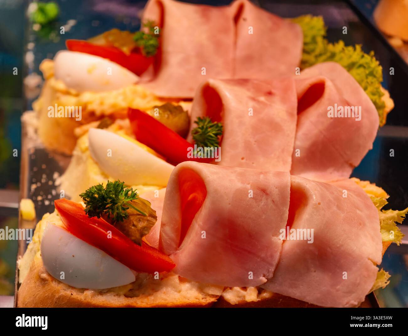 Deli Schinken Sandwich Nahaufnahme frischer Salat Karotten professionelle Lebensmittel Fotografie Restaurant Menü Cold Cuts Garnish kulinarische Kunst Food Styling appetitliche Präsentation. Sammlung von Fotografien Stockfoto