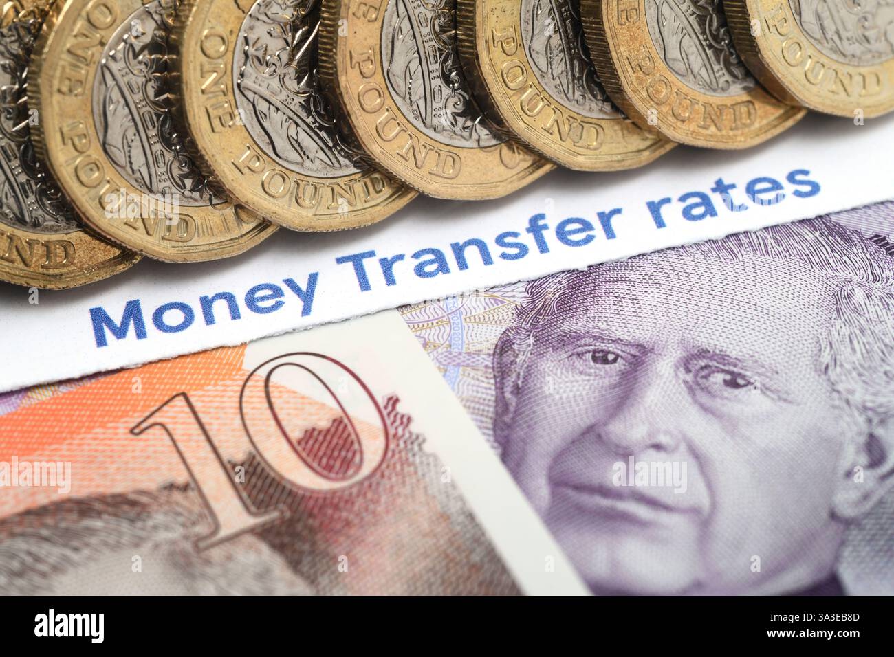 GELDTRANSFERSÄTZE LITERATUR MIT BANKNOTEN UND 1-PFUND-MÜNZEN RE FINANZIERUNG RENTEN BANKEN ZINSSÄTZE USW. VEREINIGTES KÖNIGREICH Stockfoto