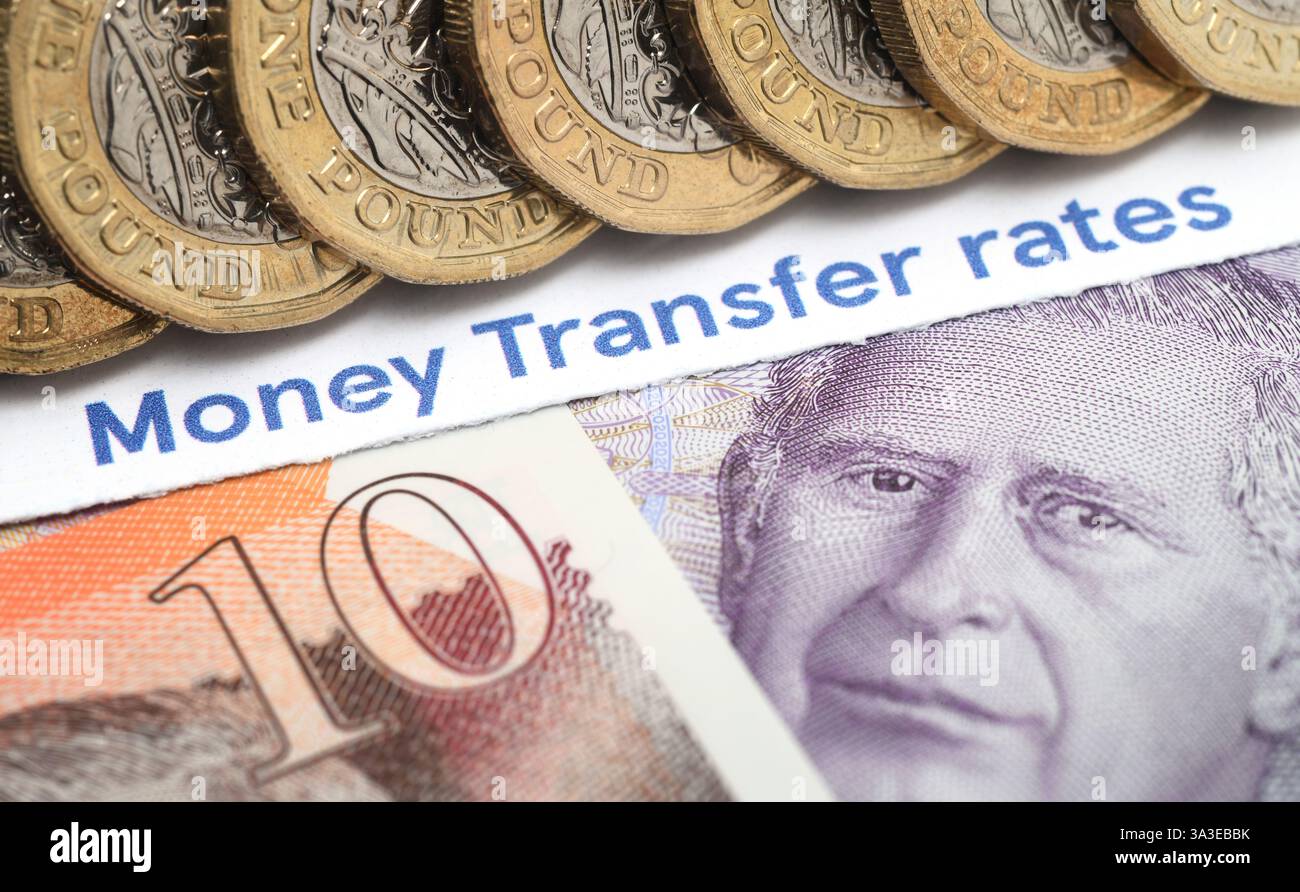 GELDTRANSFERSÄTZE LITERATUR MIT BANKNOTEN UND 1-PFUND-MÜNZEN RE FINANZIERUNG RENTEN BANKEN ZINSSÄTZE USW. VEREINIGTES KÖNIGREICH Stockfoto