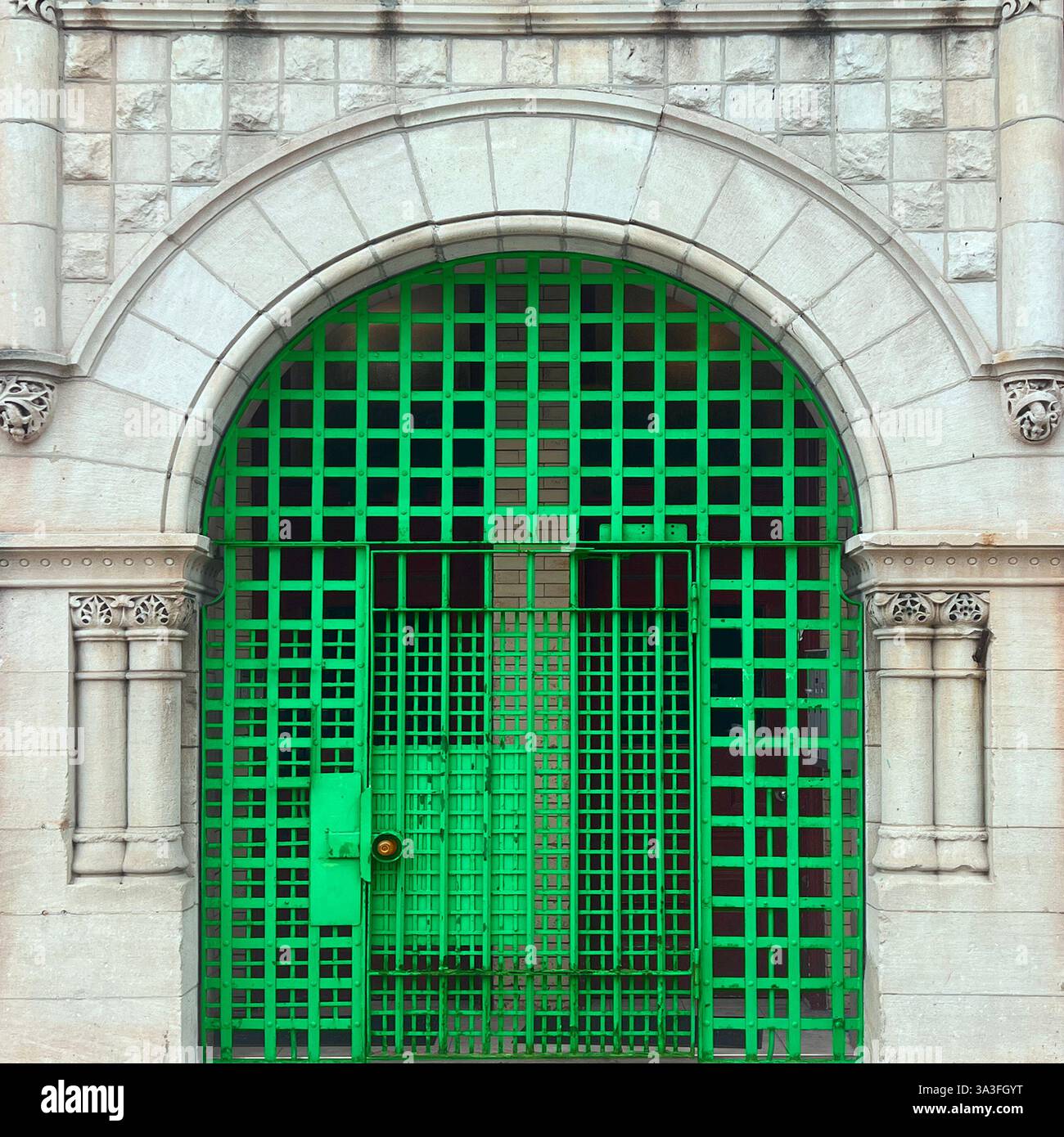 Grünes Metalltor mit Gitterdesign in einem großen Steinbogen mit komplexen architektonischen Details in Chicago. Stockfoto Grünes Metalltor mit Gitterdesign in einem großen Steinbogen mit komplexen architektonischen Details in Chicago. Stockfoto