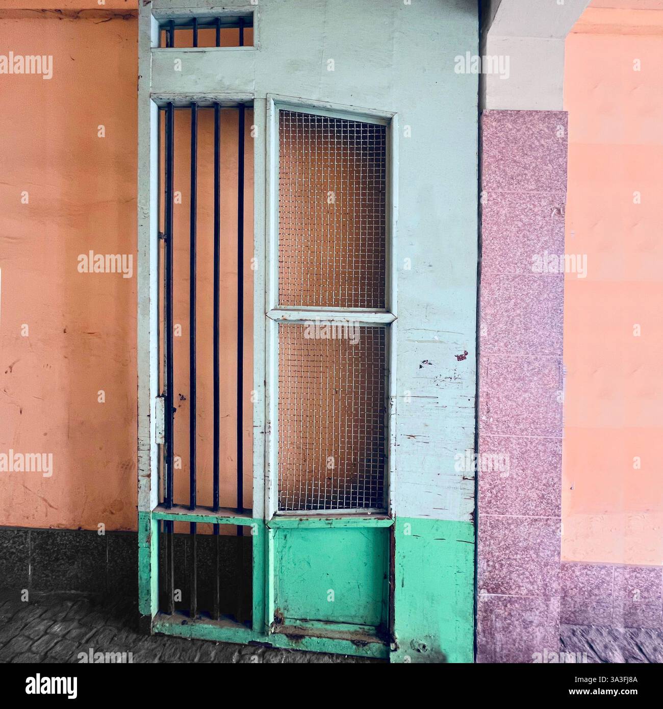 Eine verwitterte, mintgrüne Metalltür mit Drahtgeflecht und Eisenstangen steht vor einer pastellfarbenen Wand in Łódź, Polen - Smartphone-aufgenommenes Stockfoto
