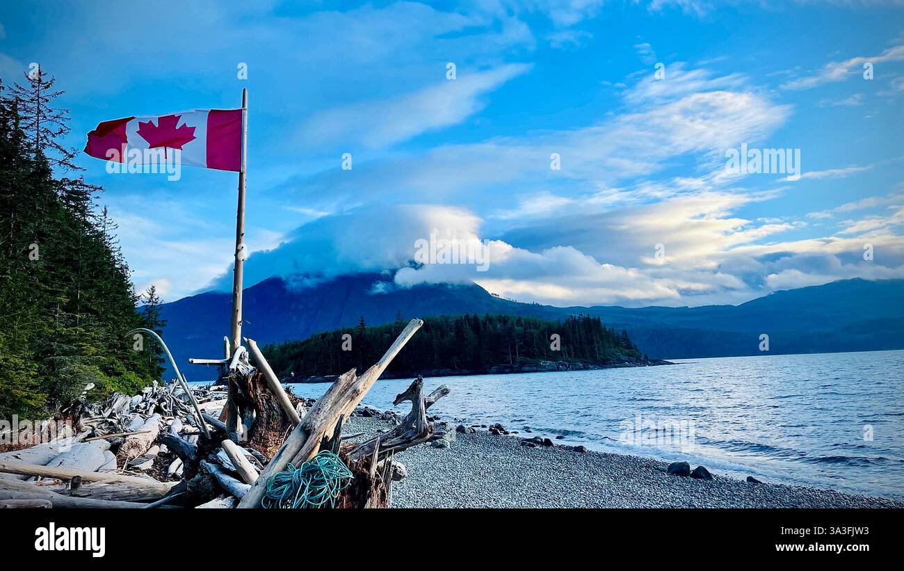 kanadas Flagge am Ufer eines Flusses mit einem trockenen Stock und grünen Bergen im Hintergrund - Smartphone-aufgenommenes Stockfoto