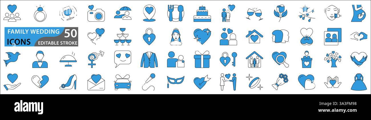 Hochzeitssymbole für die ganze Familie. Vektor-Hochzeitssymbole und -Zeichen auf weißem Hintergrund. Legen Sie Symbole für die Hochzeitsfeier fest. Bearbeitbare Kontur. Stock Vektor