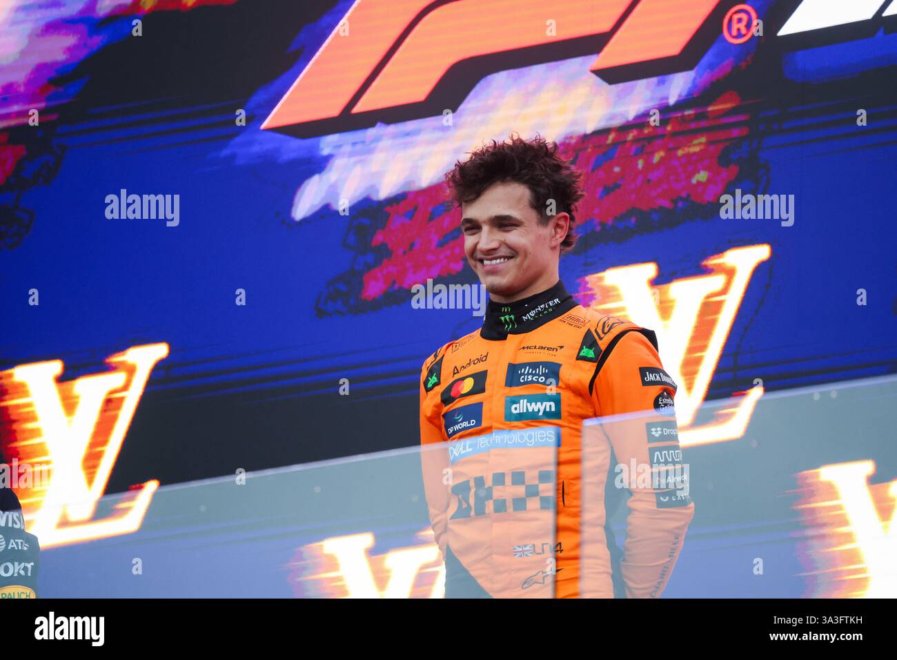 NORRIS Lando (gbr), McLaren F1 Team MCL39, Porträt-Podium während des Formel 1 Louis Vuitton Australian Grand Prix 2025, 1. Runde der FIA Formel 1 Weltmeisterschaft 2025 vom 14. Bis 16. März 2025 auf dem Albert Park Grand Prix Circuit in Melbourne, Australien Stockfoto