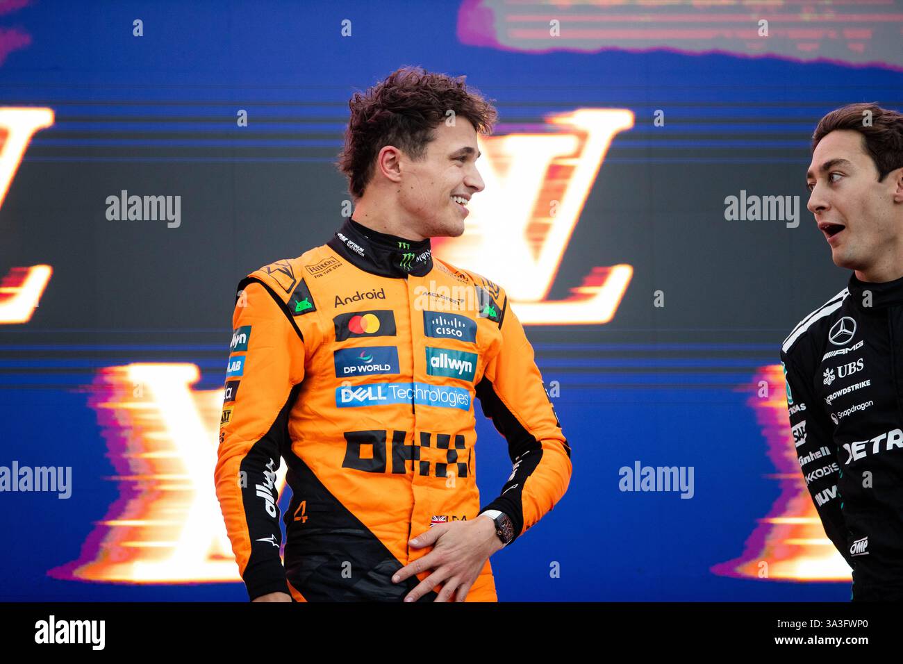 NORRIS Lando (gbr), McLaren F1 Team MCL39, Porträt-Podium während des Formel 1 Louis Vuitton Australian Grand Prix 2025, 1. Runde der FIA Formel 1 Weltmeisterschaft 2025 vom 14. Bis 16. März 2025 auf dem Albert Park Grand Prix Circuit in Melbourne, Australien Stockfoto