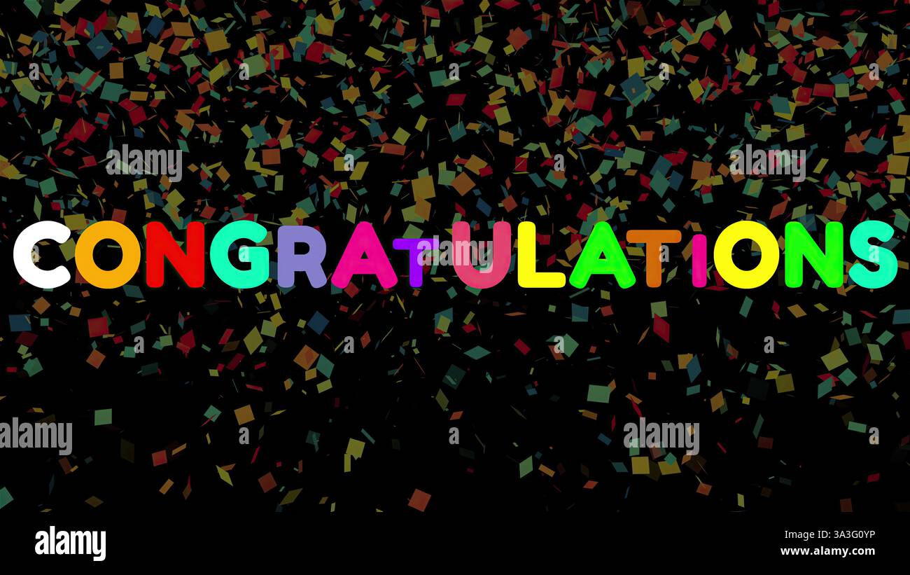 Herzlichen Glückwunsch mit Konfetti. Computergeneriertes 3D-Rendering Stockfoto