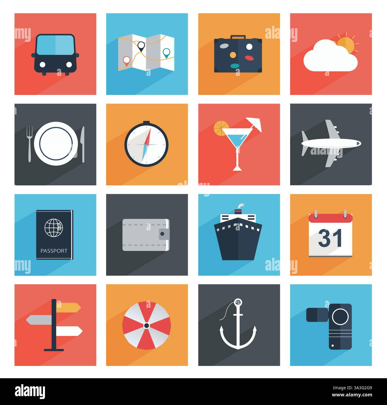 Flache Reise-Ikonen mit langem Schatten, Tourismus und Urlaub. Stock Vektor