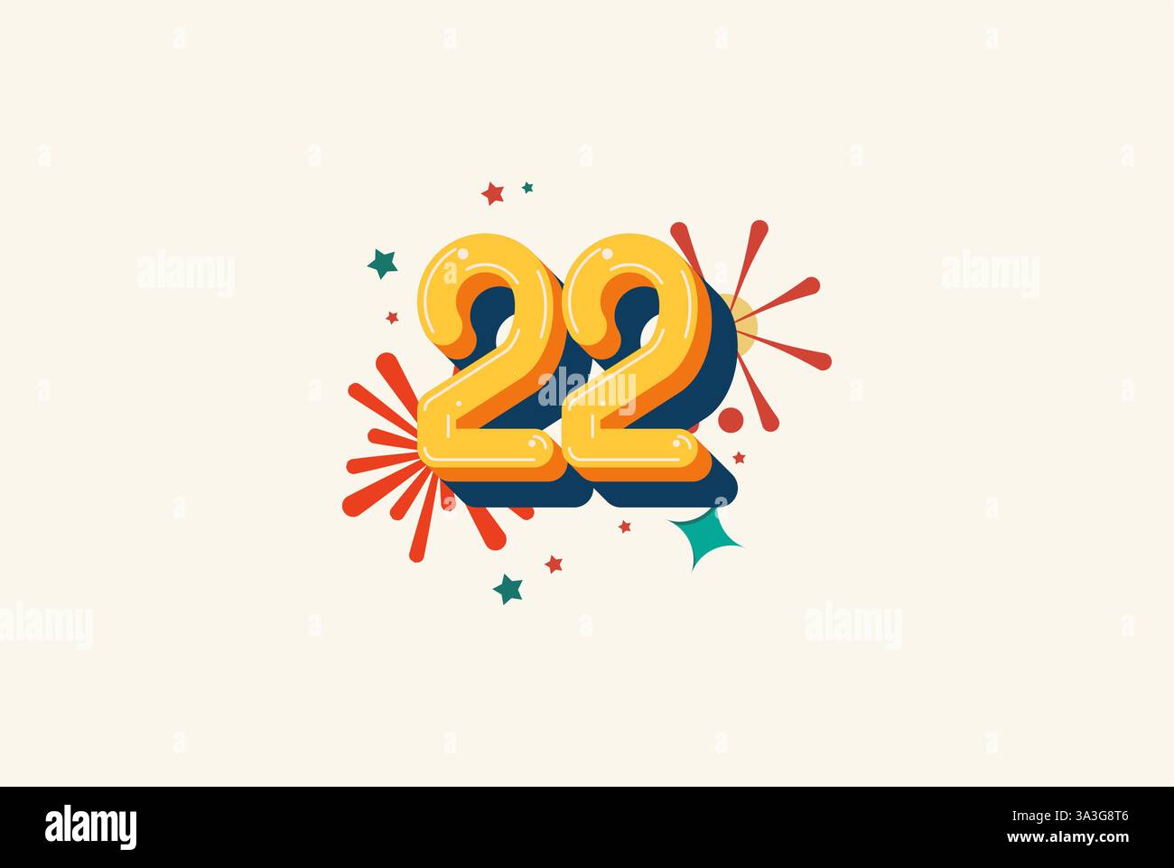 Logo-Nummer farbenfroher 22., 22. Geburtstag oder Jahrestag mit Feuerwerk-Konzept. Glück und lustiges Designkonzept. Stock Vektor