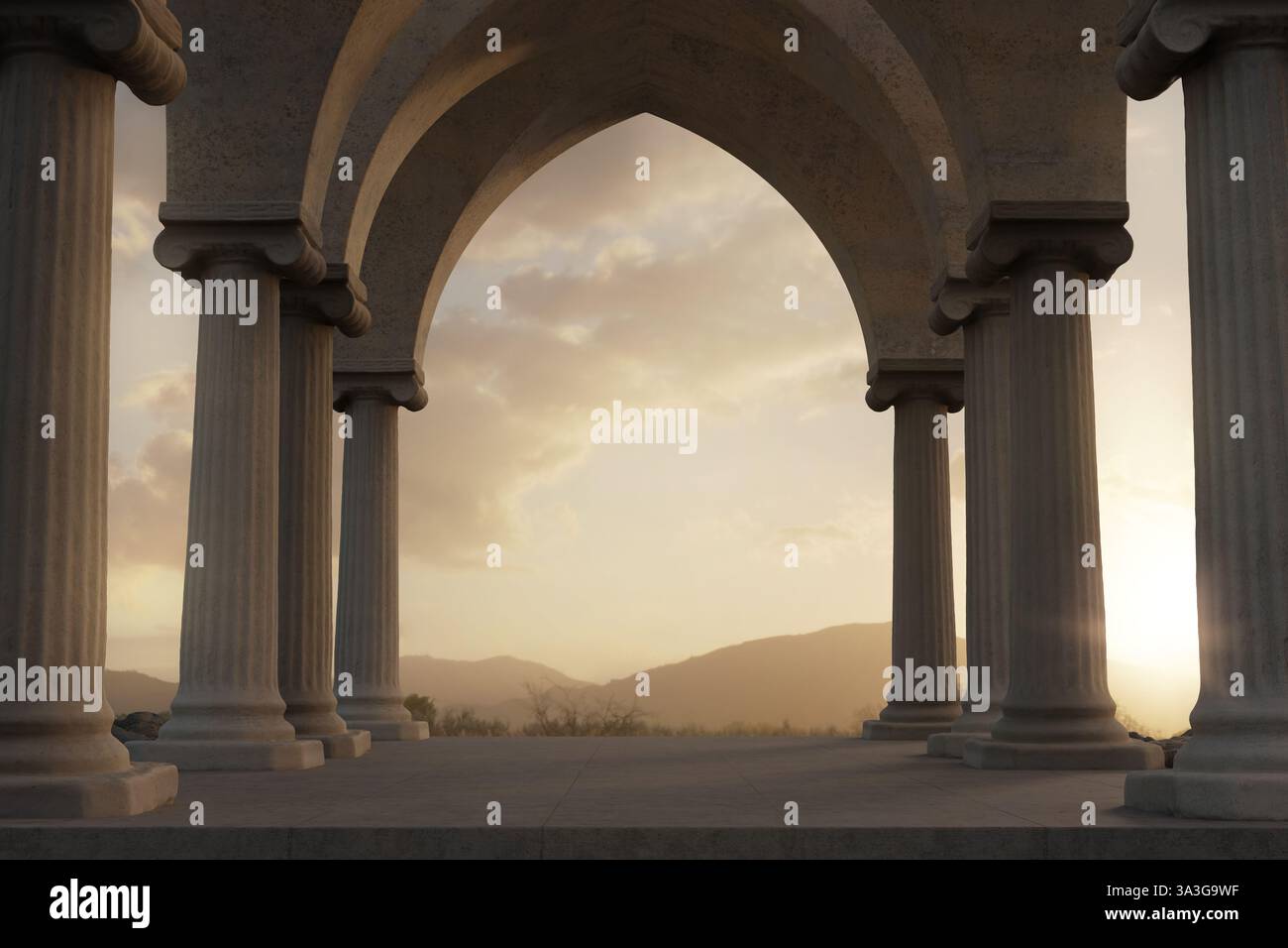 3D-Darstellung einer stoa-Halle mit Ionensäulen und Blick auf die wunderschönen Berge Stockfoto
