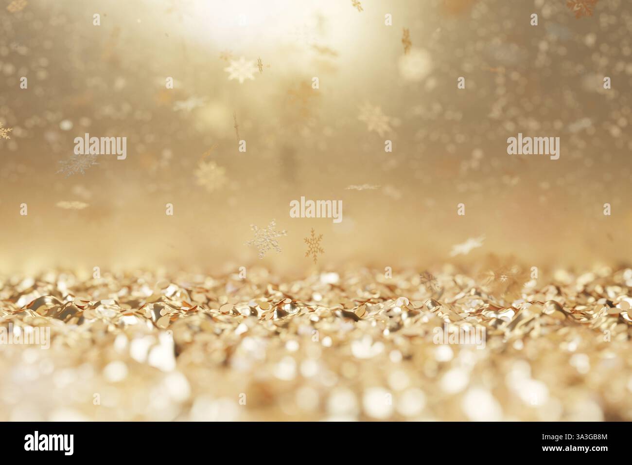 3D-Rendering von liegenden goldenen weihnachtspartikeln und Schneekristallen. Hintergrund der Feiertagsfeier Stockfoto