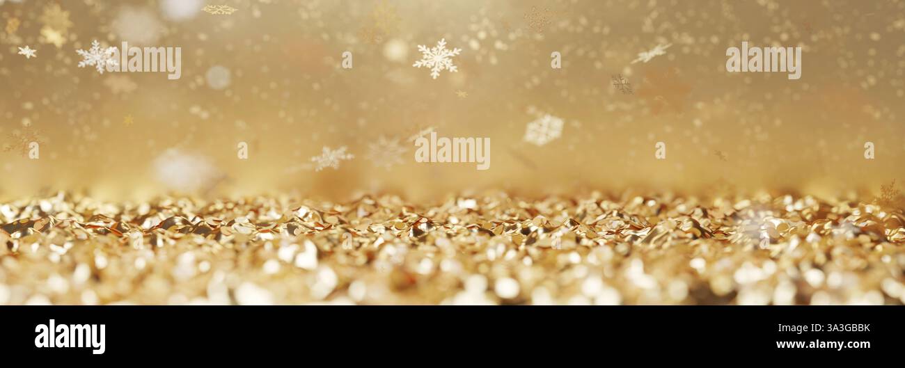 3D-Rendering goldener weihnachtspartikel und Schneekristalle in Panoramasicht. Hintergrund der Feiertagsfeier Stockfoto